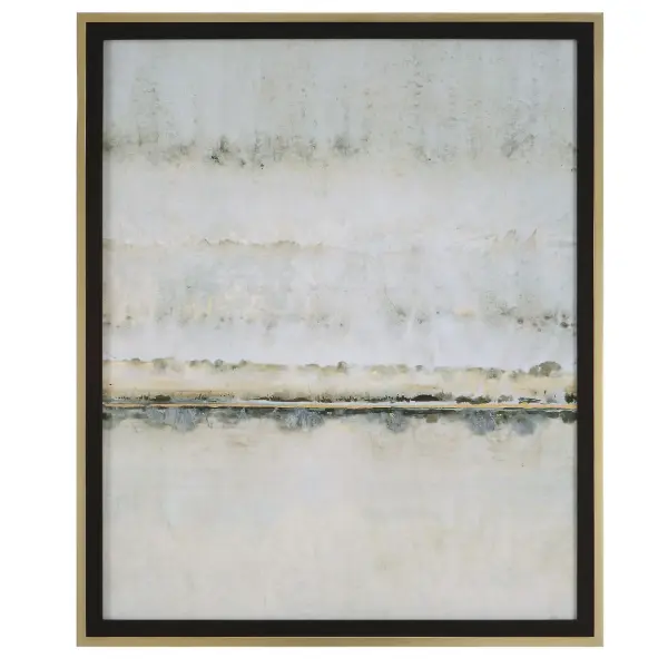 This framed print pairs a neutral abstract landscape with gold leaf highlights and an antique gold leaf frame, offering understated elegance for transitional interiors.
