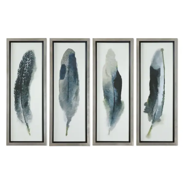 This contemporary feather print pairs dark blue and black tones on an off-white ground, framed in champagne silver with a black satin inner lip under protective glass.