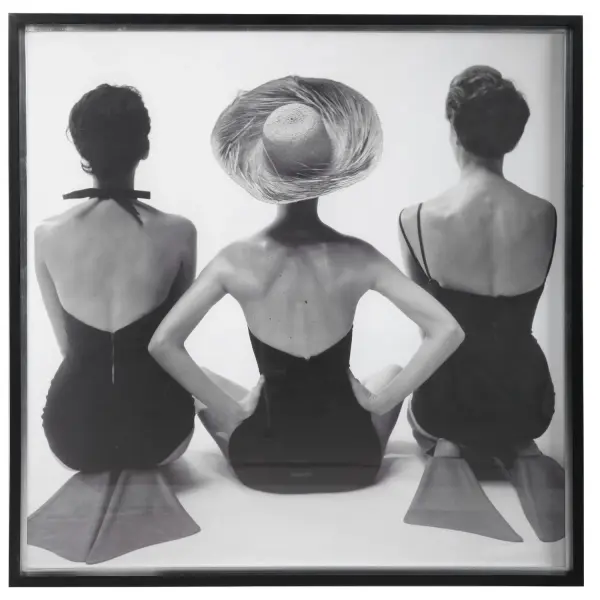 A large-scale black-and-white swimwear print from 1959 in a matte black frame with silver inner liner, offering retro charm for gallery walls and statement spaces.
