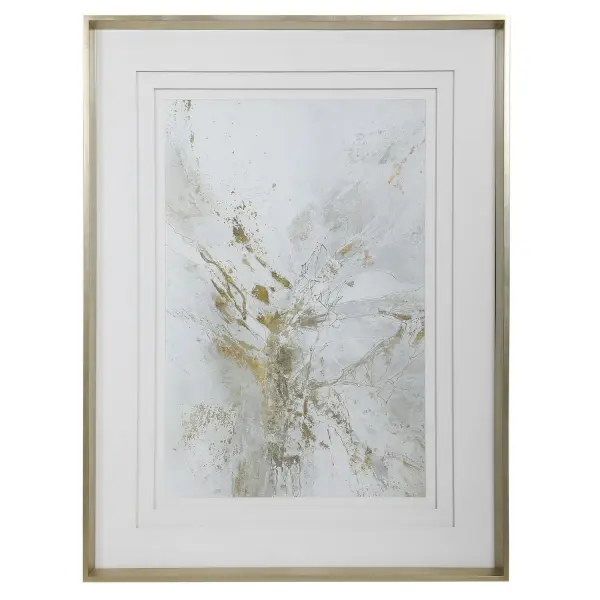 An elegant framed abstract print in neutral tones with triple white matting and a silver leaf frame, adding refined texture to any wall.
