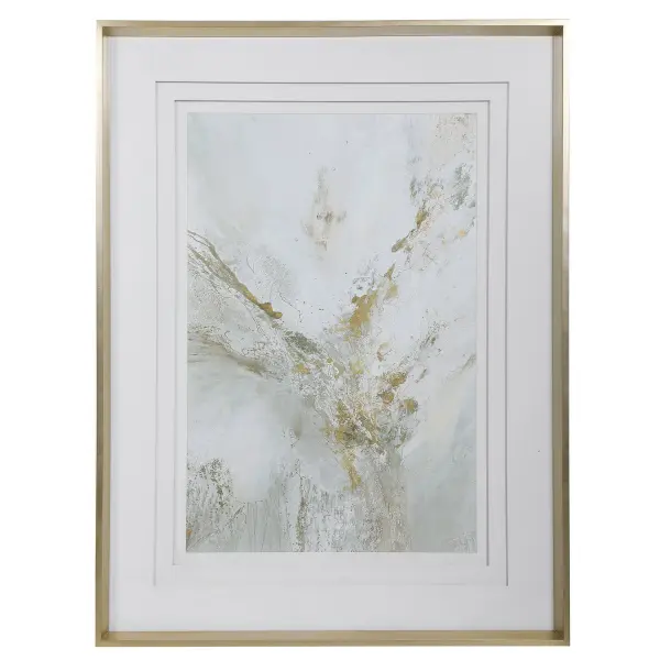 An elegant, neutral-toned abstract print in a warm silver leaf frame with triple white matting. A polished, feminine accent for transitional interiors.
