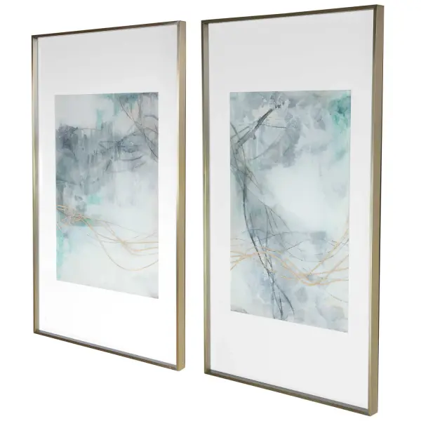 A large-scale abstract print duo in aqua, charcoal, and ivory tones, framed in petite brushed gold with generous white matting for a refined, gallery-like presence.