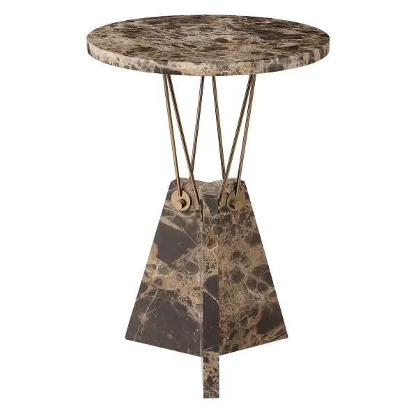 This Geometric Table Features A Round Top And Base Made Of Rich Emperador Brown Marble Connected By Iron Rods Finished In Brass With Knurled Knob Accents. Due To The Nature Of Marble, Each Piece Will Have An Unique Coloration And Veining Pattern. Collection: Levitate Designer: Carolyn Kinder Finish: Brass Width: 16.00" Height: 23.25" Length: 16.00" Weight: 37.00 lb Material: Marble, Iron Country of Origin: China Safety Rating: Indoor Only