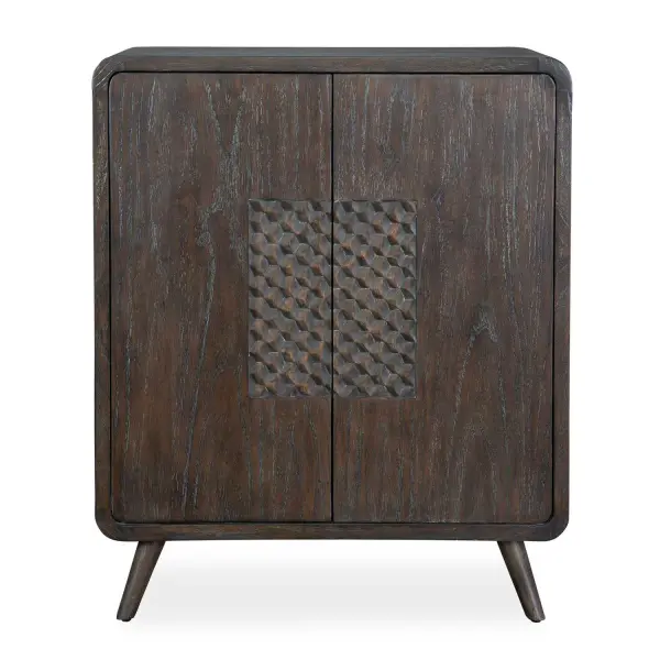 This Exquisitely Crafted Two-door Cabinet Seamlessly Combines Rustic Charm With Mid-century Modern Design. It Showcases A Rich, Weathered Mindi Grain Finish And Rests On Tapered Legs, Enhancing Its Vintage Appeal. Collection: Hausen Designer: Matthew Williams Finish: Weathered Mindi Grain Width: 29.00" Height: 35.00" Length: 18.00" Weight: 108.00 lb Material: Particle Board With Mindi Veneer & Mindi Wood Country of Origin: Indonesia Safety Rating: Indoor Only