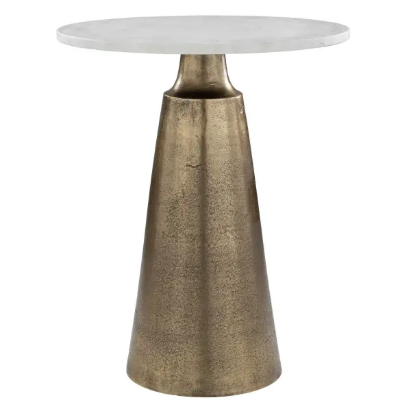 A compact indoor/outdoor accent table pairing an antique brass cast aluminum base with a one-of-a-kind travertine top for understated natural elegance.
