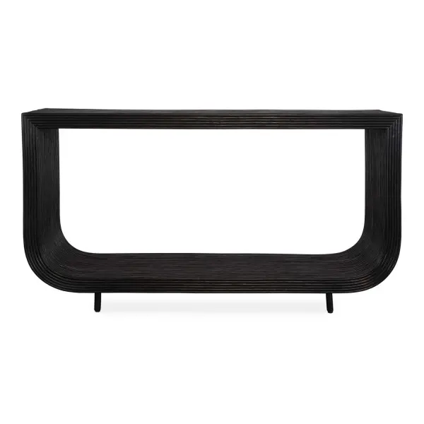This Console Table Seamlessly Blends Modern Design With Natural Elements. The Console Features Sleek Natural Rattan In A Black Finish That Adds A Contemporary Touch To Any Room. Collection: Compton Designer: David Frisch Finish: Black Width: 57.50" Height: 32.00" Length: 16.25" Weight: 55.58 lb Material: Rattan Core And Mahogani Wood Country of Origin: Indonesia Safety Rating: Indoor Only
