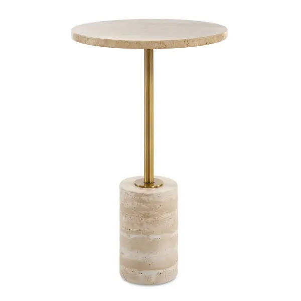 This Accent Table Features A Travertine Top And Base Supported By A Metal Stem In A Rich Brass Finish. The Combination Of These Elements Creates An Organic And Sophisticated Aesthetic, Perfect For Enhancing Any Room. Collection: Malya Designer: Grace Feyock Finish: Brass Width: 14.00" Height: 24.00" Length: 14.00" Weight: 29.00 lb Material: Travertine, Metal Country of Origin: China Safety Rating: Indoor Only