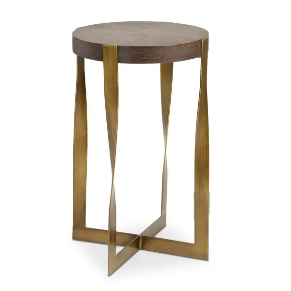 The Drew Side Table Boasts Of A Twisted Strap Framework Finished In Brass, Topped With A Round Walnut Veneer In A Dark Chocolate Finish. Collection: Drew Designer: Grace Feyock Finish: Brass Width: 16.13" Height: 24.00" Length: 16.13" Weight: 11.00 lb Material: Metal, Mdf, Walnut Veneer Country of Origin: China Safety Rating: Indoor Only