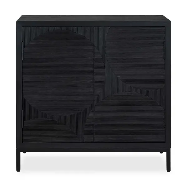 This Cabinet Features A Stylish Carved Circle Pattern In A Chic Black Matte Finish, Giving The Cabinet An Unique Elegance. Push To Open Doors, Oak Grain, And A Thin Raised Metal Base Complete This Contemporary Look. Collection: Beswick Designer: Renee Wightman Finish: Black Matte Width: 31.50" Height: 31.88" Length: 14.88" Weight: 51.59 lb Material: Iron, Mdf, Fraxinus Mandshurica, Red Oak Bark, Fir Country of Origin: China Safety Rating: Indoor Only