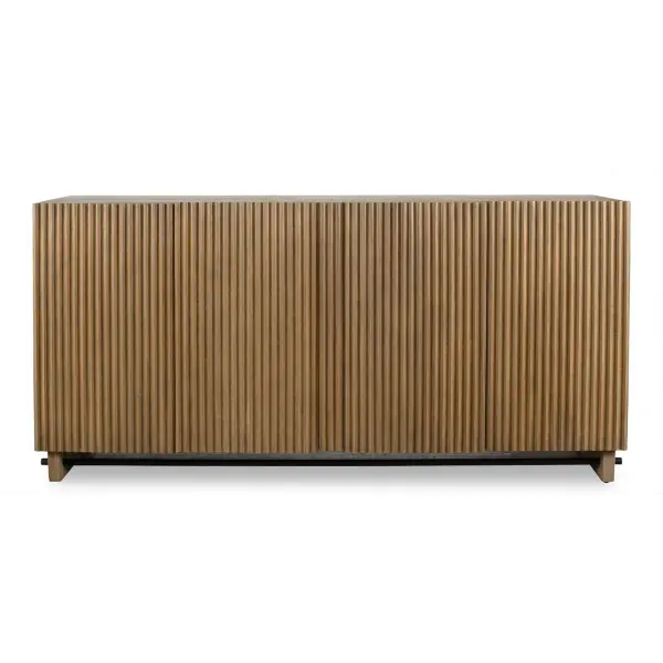 This Mindi Veneer Cabinet Boasts A Warm, Natural Wood Finish, Highlighted By A Captivating Fluted Texture On The Doors, Adding Depth And Character To Its Design. It Is Complemented By An Accent Stretcher Finished In Matte Black. Collection: Kellem Designer: Matthew Williams Finish: Matte Black Width: 64.00" Height: 31.25" Length: 18.10" Weight: 125.66 lb Material: Mindi Wood And Mdf Mindi Veneer Country of Origin: Indonesia Safety Rating: Indoor Only