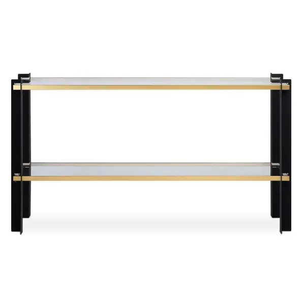 Contemporary Console Table Composed Of Stylish Iron Legs Finished In A Two-toned Matte Black And Gold Leaf. The Table Also Features Both A Top And Gallery Shelf Made Of Tempered Clear Glass Providing Ample Shelf Space And Elegance. Collection: Cunene Designer: Grace Feyock Finish: Matte Black And Gold Leaf Width: 60.00" Height: 32.00" Length: 15.00" Weight: 64.00 lb Material: Metal, Glass Country of Origin: China Safety Rating: Indoor Only