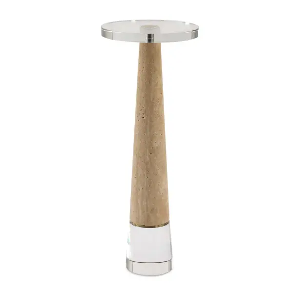 This Contemporary Drink Table Pairs The Sophisticated Beauty Of Natural Travertine With The Elegance Of Crystal. The Thick Crystal Top Allows You To See The Beauty Of The Large Travertine Cone Which Sits Atop A Tapered Cylinder Of Crystal. Gold Metal Details Finish The Look. Endlessly Elegant. Collection: Niari Designer: Renee Wightman Finish: Gold Width: 9.00" Height: 24.00" Length: 9.00" Weight: 22.00 lb Material: Crystal, Travertine, Steel Country of Origin: China Safety Rating: Indoor Only