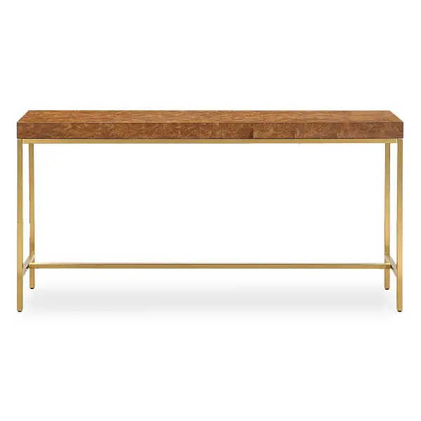 Elevate Your Space With This Exquisite Console Table, A Perfect Fusion Of Opulence And Sophistication, Designed To Capture The Elegance Of Fine Materials And Clean Lines. The Tabletop, Covered In Rich Burl Veneer, Infuses Warmth, Texture, And Character Into Every Piece. Complemented By A Sleek Gold-plated Stainless Steel Frame, This Table Radiates A Refined Elegance That Enhances Any Interior. Collection: Moran Designer: Matthew Williams Finish: Gold Width: 60.00" Height: 30.00" Length: 12.00" Weight: 36.46 lb Material: Stainless Steel, Mdf, Burl Veneer, Hardware Country of Origin: China Safety Rating: Indoor Only
