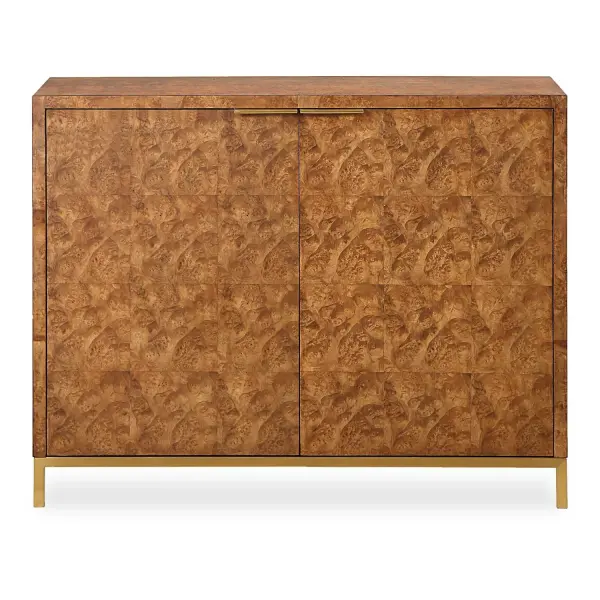 This 2 Door Cabinet Is Meticulously Crafted With A Rich Burl Veneer, Showcasing A Captivating Geometric Square Pattern That Adds Depth To Its Surface. The Cabinet Is Framed By Gold Finished Metal Legs And Coordinating Hardware That Enhances Its Luxurious Appeal. Collection: Jethro Designer: Matthew Williams Finish: Gold Width: 40.00" Height: 32.00" Length: 13.00" Weight: 75.14 lb Material: Plywood, Stainless Steel, Hardwar, Burl Veneer Country of Origin: China Safety Rating: Indoor Only