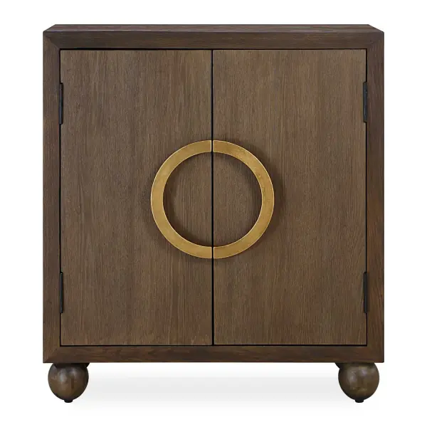 Simple And Sophisticated, Mayenne Beautifully Displays Rich Oak Wood Grain Quickly Elevating Any Room. This Two Door Cabinet Captivates With Its Circular Metal Handle In An Antiqued Gold Leaf Finish All Tied Together By Its Unique Ball Feet. Collection: Mayenne Designer: Renee Wightman Finish: Warm Brass Width: 31.50" Height: 35.85" Length: 15.75" Weight: 53.90 lb Material: Fir, Iron, Red Oak, Mdf Country of Origin: China Safety Rating: Indoor Only