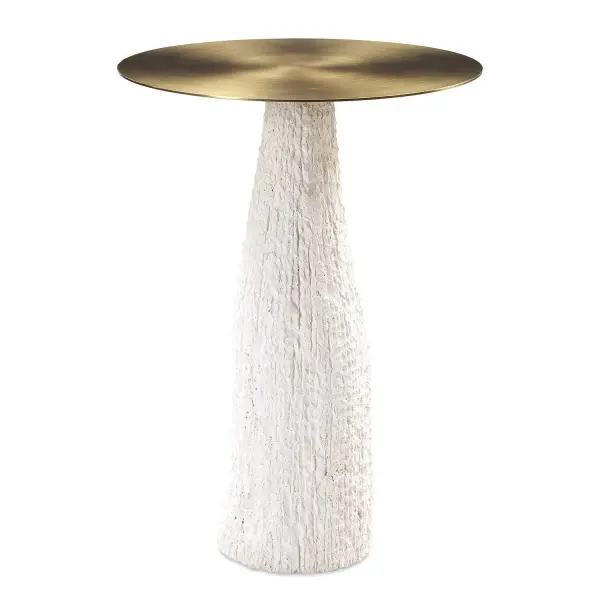 The Accent Table Features A Uniquely Shaped Base Crafted From White Cast Stone, Showcasing A Beautiful Quarried Stone Texture That Adds Depth And Character. Topping It Off Is A Sleek Brushed Metal Surface, Creating A Striking Contrast That Enhances The Table's Contemporary Appeal. Collection: Hollen Designer: Carolyn Kinder Finish: White Width: 16.00" Height: 22.50" Length: 16.00" Weight: 28.00 lb Material: Metal, Sandstone Country of Origin: China Safety Rating: Indoor Only