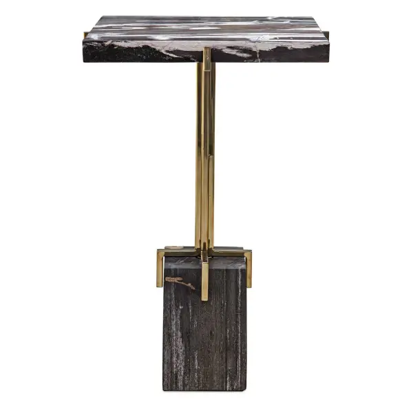 This Accent Table Features A Gold Finished Stainless Steel Base With Four Prongs Hugging The Petrified Wood Top And Base. True To The Nature Of Natural Materials, Each Piece Will Vary. Collection: Rowman Designer: Matthew Williams Finish: Gold Width: 14.90" Height: 22.44" Length: 14.90" Weight: 44.00 lb Material: Petrified Wood With Stainless Steel Country of Origin: Indonesia Safety Rating: Indoor Only