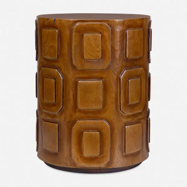 Crafted From Suar Wood, This Accent Table Features A Striking Textured, Geometric Design That Accentuates The Wood's Rich Grain, Adding Depth And Visual Interest. Solid Wood Will Continue To Move With Temperature And Humidity Changes, Which Can Result In Cracks And Uneven Surfaces, Adding To Its Authenticity And Character. Collection: Alson Designer: David Frisch Finish: Suar Wood Width: 14.00" Height: 18.00" Length: 14.00" Weight: 33.00 lb Material: Suar Wood Country of Origin: Indonesia Safety Rating: Indoor Only