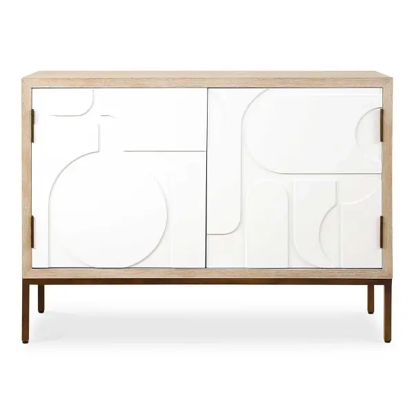 This Cabinet Is A Study In Contrasts. The Organic Warmth Of Natural Fir Veneer Meets The Geometric Lines Of The Cabinet Doors, Adorned With A Casual Cream Finish. The Sleek, Iron Legs In Bronze Elevate The Design, Creating A Blend Of Natural And Contemporary Elements. Collection: Weimar Designer: Renee Wightman Finish: Cream Width: 43.38" Height: 31.50" Length: 15.88" Weight: 71.00 lb Material: Fir, Mdf, Iron, Red Oak Country of Origin: China Safety Rating: Indoor Only