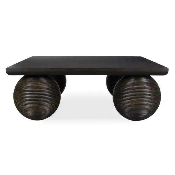 This Coffee Table Is Sure To Be The Focal Point Of Any Room, Featuring Oversized Rattan-covered Spheres As Legs. The Table Is Crafted From Mango-wood Veneer And Finished In A Distressed Black. Collection: Kasson Designer: Osvaldo Mendoza Finish: Distressed Black Width: 44.00" Height: 17.00" Length: 44.00" Weight: 121.30 lb Material: Mdf Mango Veneer And Javamix Wood Country of Origin: Indonesia Safety Rating: Indoor Only
