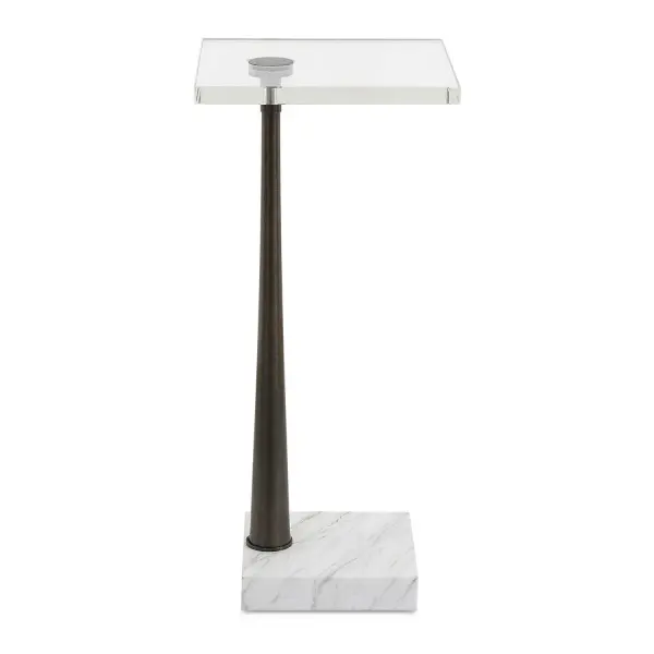 This Drink Table Is A Testament To Refined Craftsmanship, Blending Natural Materials Like Marble And Metal To Create An Eye-catching Piece. Its White Marble Foot With Subtle Gray Veining Is Paired With A Thick Crystal Table Top, All Connected By A Tapered Metal Base In Black. True To The Nature Of Natural Materials, Each Piece Will Have Unique Marbling And Veining Throughout. Collection: Pelton Designer: David Frisch Finish: Black Width: 11.00" Height: 24.00" Length: 11.00" Weight: 8.40 lb Material: Marble, Iron Country of Origin: China Safety Rating: Indoor Only