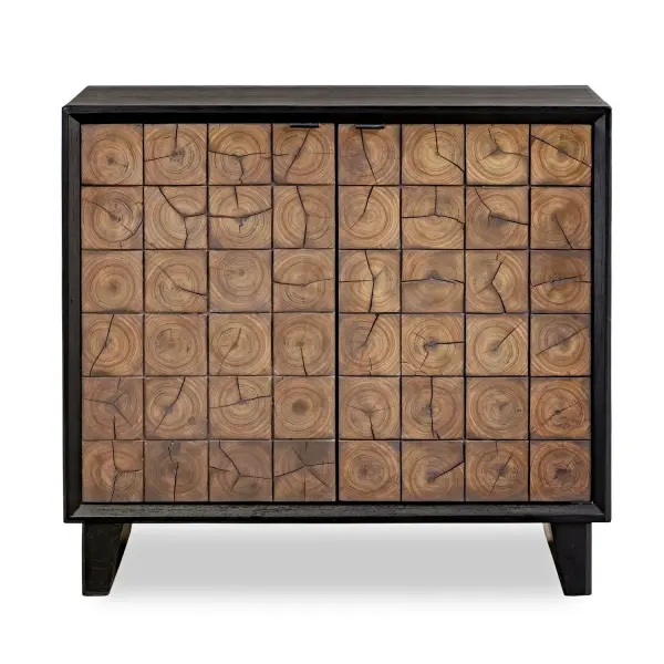 This Two Door Cabinet Is Crafted From Mindi Wood With A Sleek Black Finish. The Cabinet Fronts Feature A Grid Pattern, Highlighting A Worn, Natural Wood Grain That Adds Character And Texture To The Design. Collection: Muestra Designer: David Frisch Finish: Sleek Black Width: 36.00" Height: 33.00" Length: 14.00" Weight: 33.00 lb Material: MDF MINDI VENEER WITH MINDI WOOD Country of Origin: Indonesia Safety Rating: Indoor Only