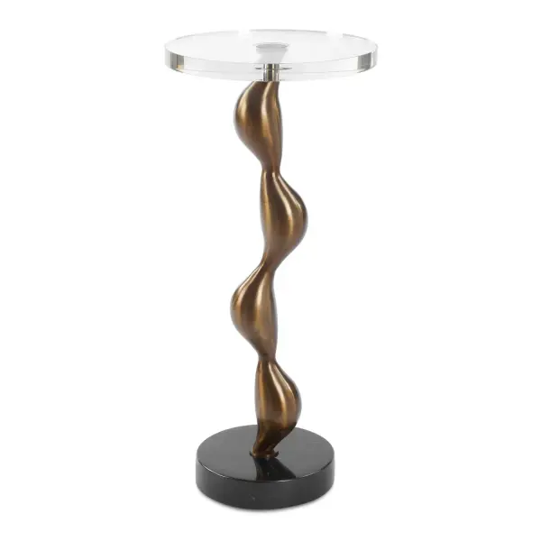 This Captivating Drink Table Commands Attention With Its Playful And Unique Profile. The Design Is Crafted From Cast Iron, Finished In A Plated Warm Bronze And Displayed On A Thick Black Marble Foot. The Tabletop Is Adorned With A Thick Crystal Surface. Collection: Remolino Designer: Renee Wightman Finish: Warm Bronze Width: 10.00" Height: 22.25" Length: 10.00" Weight: 13.00 lb Material: Crystal, Marble, Iron Country of Origin: China Safety Rating: Indoor Only