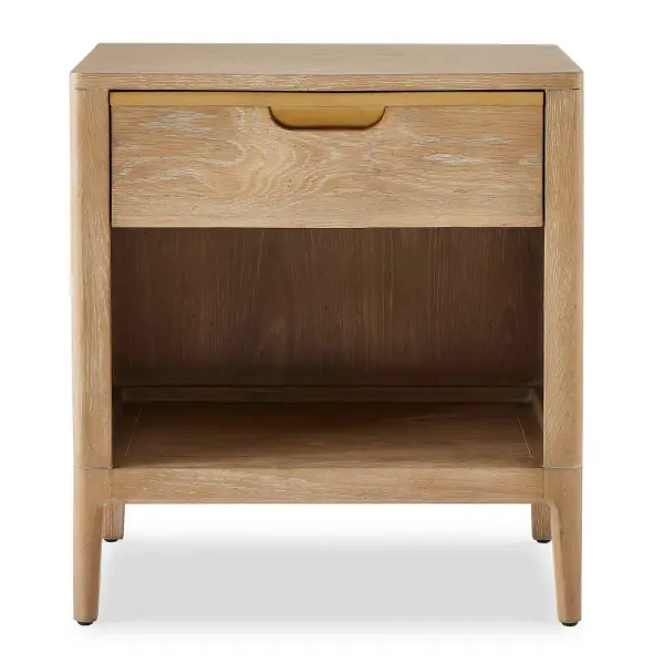 Composed Of Primarily Solid Oak In A Natural Light Finish, The Tabi Side Table Features A Single Drawer With An Open Shelf And Brass Plated Metal Detailing. Collection: Tabi Designer: Matthew Williams Finish: Natural Width: 26.00" Height: 28.00" Length: 18.00" Weight: 65.56 lb Material: Oak Wood, Mdf, Oak Veneer, Metal Country of Origin: Vietnam Safety Rating: Indoor Only