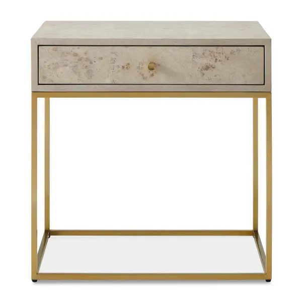 The Pembrook Side Table Embodies Modern Sophistication With Its Light Washed Maple Burl Veneer, Perched Atop A Sleek Steel Base Finished In Plated Brushed Brass With A Coordinating Drawer Pull. Collection: Pembrook Finish: Brushed Brass Width: 25.00" Height: 25.00" Length: 18.00" Weight: 29.37 lb Material: Mdf, Stainless Steel , Maple Country of Origin: Vietnam Safety Rating: Indoor Only