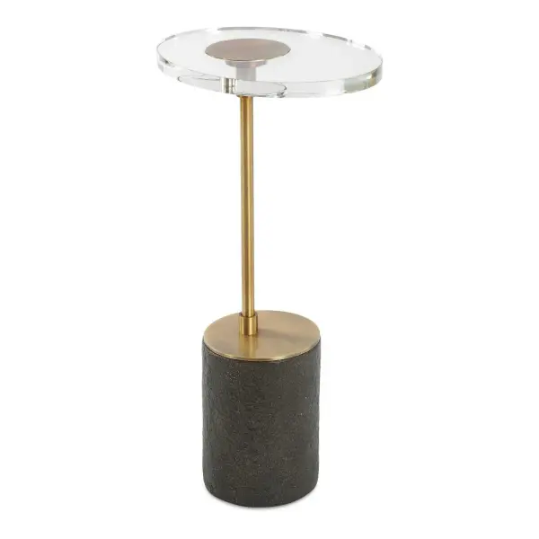 This Contemporary Accent Table Features A Thick Oval Crystal Slab Resting Atop An Antique Brass Metal Base And A Sleek Black Textured Resin Foot. Collection: Kaufman Designer: Renee Wightman Finish: Antique Brass Width: 11.00" Height: 22.00" Length: 8.50" Weight: 19.40 lb Material: Metal, Crystal, Resin Country of Origin: China Safety Rating: Indoor Only
