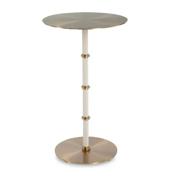 This Accent Table Showcases A White Faux Shagreen Leather Wrapped Body, Offering A Soft, Textured Appeal With Brass Plated Steel Bands That Rise Along The Body. The Table Top Is Crafted From Brass Plated Steel, Adding A Touch Of Modern Luxury To The Piece. Collection: Cyprus Designer: REVELATION DESIGN Finish: Brass Width: 14.00" Height: 24.00" Length: 14.00" Weight: 11.22 lb Material: Steel, Shagreen Country of Origin: China Safety Rating: Indoor Only