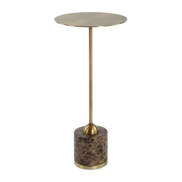 Crafted With Meticulous Attention To Detail, This Drink Table Showcases A Brushed Brass Plated Metal Base And Tabletop, Beautifully Complemented By A Striking Marble Foot With White Veining. Due To The Nature Of Natural Stone, Every Piece Will Vary Slightly Ensuring Yours Is Unique. Collection: Verlin Designer: Osvaldo Mendoza Finish: Brushed Brass Width: 10.00" Height: 21.75" Length: 10.00" Weight: 13.00 lb Material: Marble, Metal Country of Origin: China Safety Rating: Indoor Only