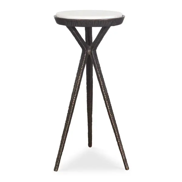 The Tilton Accent Table Features A Striking Geometric Aluminum Base With A Hand-forged Chiseled Texture, Finished In A Worn, Dark Bronze. The Tabletop Is Adorned With A Captivating White Marble Slab With Gray Veining. Due To The Nature Of Natural Stone, Every Piece Will Vary Slightly Ensuring Yours Is Unique. Collection: Tilton Designer: Renee Wightman Finish: Dark Bronze Width: 11.00" Height: 24.00" Length: 11.00" Weight: 11.68 lb Material: Metal, Marble Country of Origin: India Safety Rating: Indoor Only