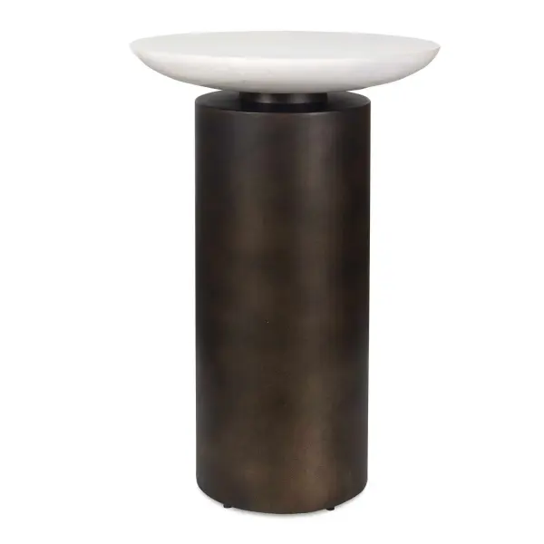 This Contemporary Accent Table Showcases A Captivating Contrast Between Its Sleek, Dark Bronze Iron Base And Its Luxurious White Marble Top With Subtle Grey Veining. Because Of The Natural Characteristics Of Marble, Each Piece Will Have Unique Veining Patterns. Suitable For Both Indoor And Outdoor Use. Collection: Olso Finish: Dark Bronze Width: 14.00" Height: 21.00" Length: 14.00" Weight: 31.20 lb Material: Metal, Marble Country of Origin: India Safety Rating: Indoor/Outdoor