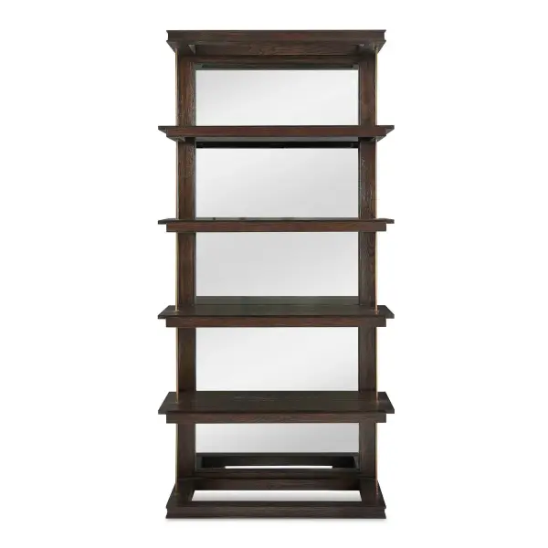 This Elegant Etagere Combines A Classic Dark Walnut Finish With Gold Accents. Crafted From Oak, It Features Four Open Shelves For Displaying Your Favorite Items. The Mirrored Back Adds Depth And Light To Your Space, While The Gold Iron Bars Create A Striking Visual Contrast. Collection: Kai Designer: Matthew Williams Finish: Gold Width: 40.00" Height: 82.00" Length: 20.00" Weight: 182.60 lb Material: Oak Wood, Mdf, Mirror, Iron Country of Origin: Vietnam Safety Rating: Indoor Only