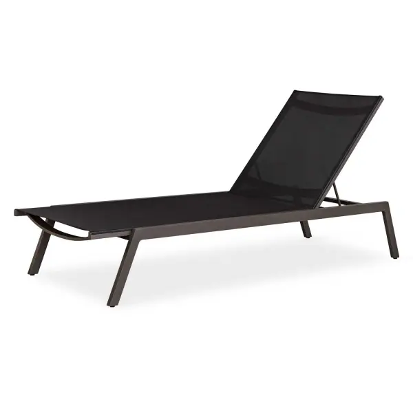 A powder-coated aluminum pool chaise with mesh support and an adjustable back, finished in matte Java Black for a clean, modern outdoor look.