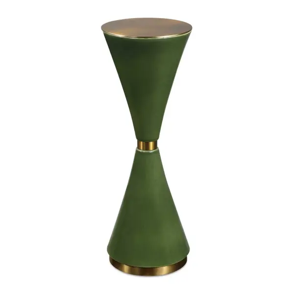 This Striking Ceramic Drink Table Showcases A Captivating Hourglass Silhouette In A Rich Jade Green Glaze, Accented By Brass Plated Iron Details. Collection: Ronde Designer: David Frisch Finish: Brass Width: 8.50" Height: 24.00" Length: 8.50" Weight: 10.60 lb Material: Ceramic, Iron Country of Origin: China Safety Rating: Indoor Only
