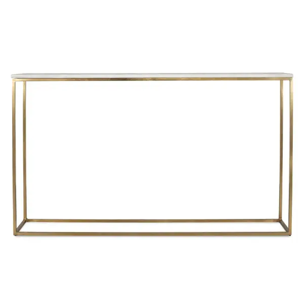Classic And Minimalistic, This Narrow Console Table Is Supported By Brass Finished Metal Legs And Complemented By A White Marble Top With Subtle Gray Veining. Due To The Nature Of Natural Stone, Every Piece Will Vary Slightly Ensuring Yours Is Unique. Collection: Redmond Finish: Brass Width: 52.00" Height: 30.75" Length: 10.25" Weight: 69.00 lb Material: White Banswada Marble Top / Iron Solid Rod Stand Country of Origin: India Safety Rating: Indoor Only