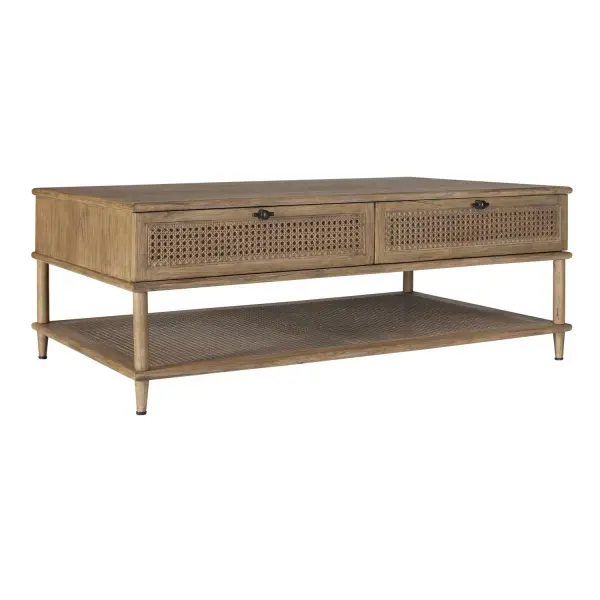 Mid Century Inspired With Accents Of Natural Rattan Cane, This Coffee Table Features Mindi Solids And Veneers Finished In A Soft Oak Stain. The Coast Table Has One Storage Shelf And Two Drawers With Metal Hardware Finished In Dark Gunmetal. Collection: Coast Finish: Natural Width: 48.00" Height: 18.00" Length: 30.00" Weight: 81.00 lb Material: MINDI WOOD AND MDF MINDI VENEER WITH RATTAN Country of Origin: Indonesia Safety Rating: Indoor Only