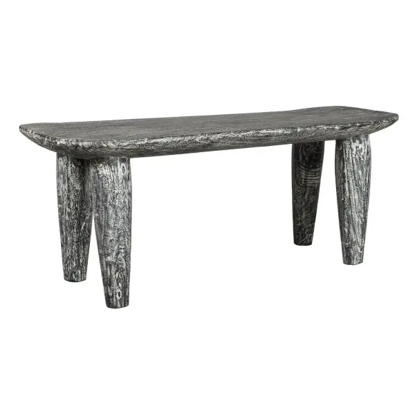 Hand-carved From Solid Suar Wood, The Fade To Black Bench Features A Gracefully Curved Top And A Striking Distressed Black And White Finish, Highlighting Its Natural Grain And Organic Allure. Solid Wood Will Continue To Move With Temperature And Humidity Changes, Which Can Result In Small Cracks And Uneven Surfaces, Adding To Its Authenticity And Character. Collection: Fade To Black Designer: David Frisch Finish: Black Width: 47.50" Height: 19.00" Length: 16.50" Weight: 41.12 lb Material: SUAR WOOD Country of Origin: Indonesia Safety Rating: Indoor Only