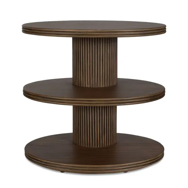 Handcrafted From Mindi Wood With A Rich Dark Walnut Finish, This Distinctive Side Table Features Three Oval Tiers Connected By Elegantly Fluted Columns. Collection: Top Designer: David Frisch Finish: Dark Walnut Width: 25.00" Height: 24.50" Length: 18.00" Weight: 41.60 lb Material: MDF MINDI VENEER AND MINDI WOOD WIT RATTAN Country of Origin: Indonesia Safety Rating: Indoor Only
