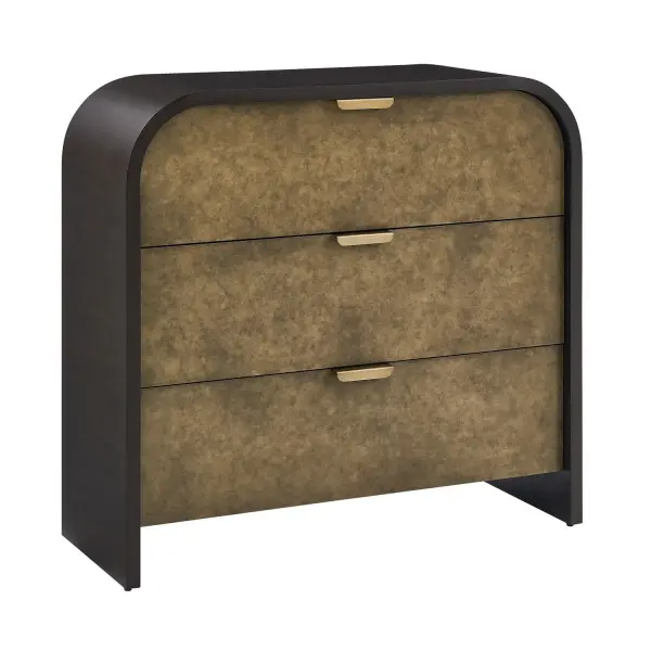 Handcrafted From Oak Veneer, This Three-drawer Accent Chest Captivates With Its Striking Two-tone Design And Gracefully Curved Silhouette. The Deep, Rich Walnut Stained Frame Beautifully Frames The Drawer Faces While The Antique Gold Drawer Pulls Provide The Perfect Finishing Touch. Collection: Byrams Designer: Osvaldo Mendoza Finish: Antique Gold Width: 36.00" Height: 34.00" Length: 14.00" Weight: 144.00 lb Material: OAK VENEER, HARDWOOD, IRON Country of Origin: Vietnam Safety Rating: Indoor Only