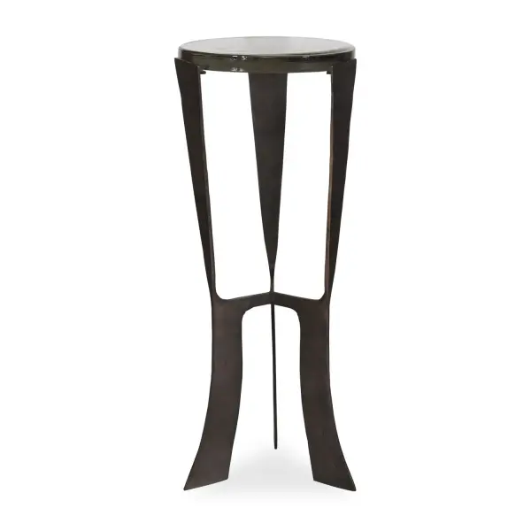 This Sculptural Drink Table Is A True Statement Piece, Meticulously Handcrafted From A Blend Of Recycled Cast Glass Sitting Atop A Cast Metal Base In Dark Bronze. Collection: Renaud Designer: David Frisch Finish: Dark Bronze Width: 10.00" Height: 24.00" Length: 10.00" Weight: 13.23 lb Material: Iron + Recycled Glass Country of Origin: India Safety Rating: Indoor Only