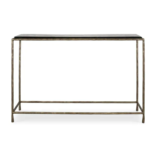 This Console Table Features A Recycled Cast Glass Top And A Minimalist Brass Antique Cast Metal Frame With A Hand-hammered Finish. Its Slim Profile And Clean Lines And Tapered Feet Make It A Versatile Addition To Any Entryway, Hallway, Or Living Room. Collection: Ovard Finish: Brass Antique Cast Width: 43.25" Height: 29.75" Length: 11.60" Weight: 68.95 lb Material: RECYCLED GLASS,IRON Country of Origin: India Safety Rating: Indoor Only