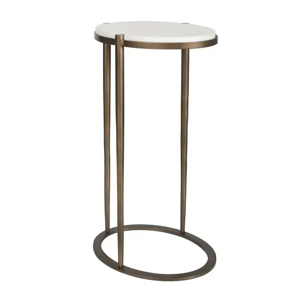 A petite round marble-top accent table with a minimalist iron base in a warm bronze finish—an easy way to add polished natural texture to any seating area.