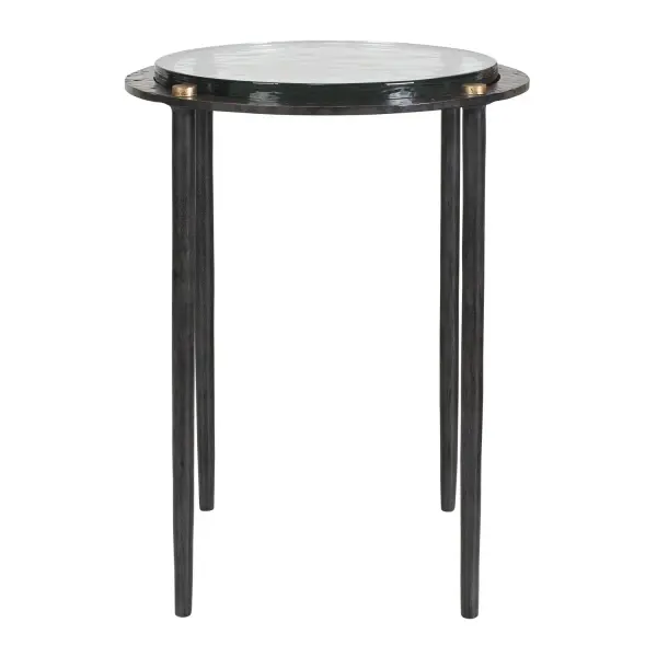 This Stylish Accent Table Features A Unique, Textured Cast Glass Top, Perfectly Complemented By A Cast Iron Base With A Rich, Rubbed Dark Bronze Finish And Subtle Antique Brass Details. Collection: Kennington Finish: Antique Brass Width: 14.00" Height: 19.00" Length: 14.00" Weight: 15.16 lb Material: IRON AND GLASS Country of Origin: India Safety Rating: Indoor Only
