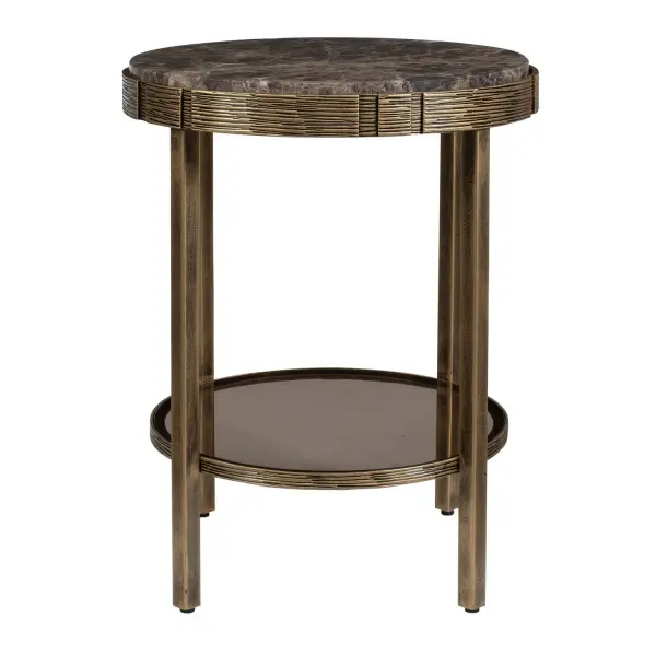 A small round marble-top accent table with an antique brass iron base, woven detailing, and a glass display shelf. Unique veining on every piece.