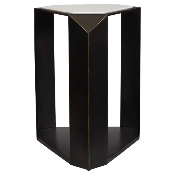 A faceted iron base in dark bronze pairs with a genuine white marble top for a striking mix of geometric and organic design.
