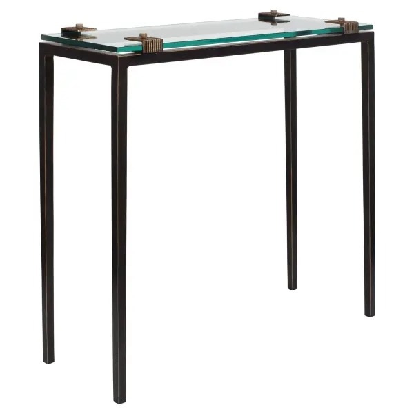 This Sophisticated Accent Table Features A Sleek Glass Tabletop Held Securely By Decorative Clips On An Elegant Iron Frame With A Warm Bronze Finish. Collection: Averona Finish: Warm Bronze Width: 24.00" Height: 24.50" Length: 9.25" Weight: 15.91 lb Material: IRON,GLASS Country of Origin: India Safety Rating: Indoor Only