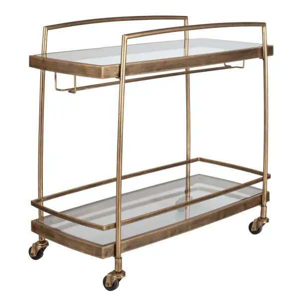 A sleek iron-framed bar cart with antique brass finish and glass shelves, ideal for stylish home entertaining and easy mobility.